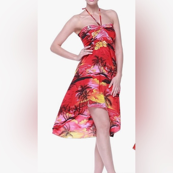 Hawaiian Luau Halter Tunic Dress Tropical Red Halter Dress - Picture 2 of 12